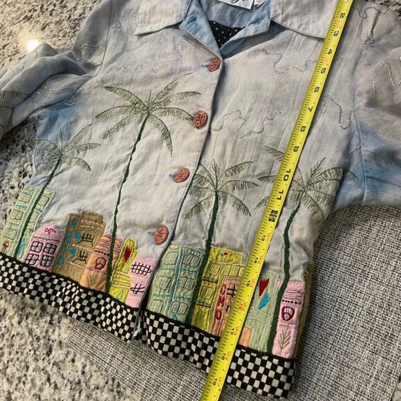 Y2K FUNKY JACKET MIAMI BEACH ART EMBROIDERED CITY DEMIN BLUE COLORS SZ XS RETRO - Picture 10 of 16